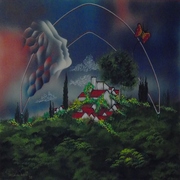 Pascal de Nicolo, Paesaggio onirico, tecnica mista su cartoncino, cm 50 x 70 - 1992