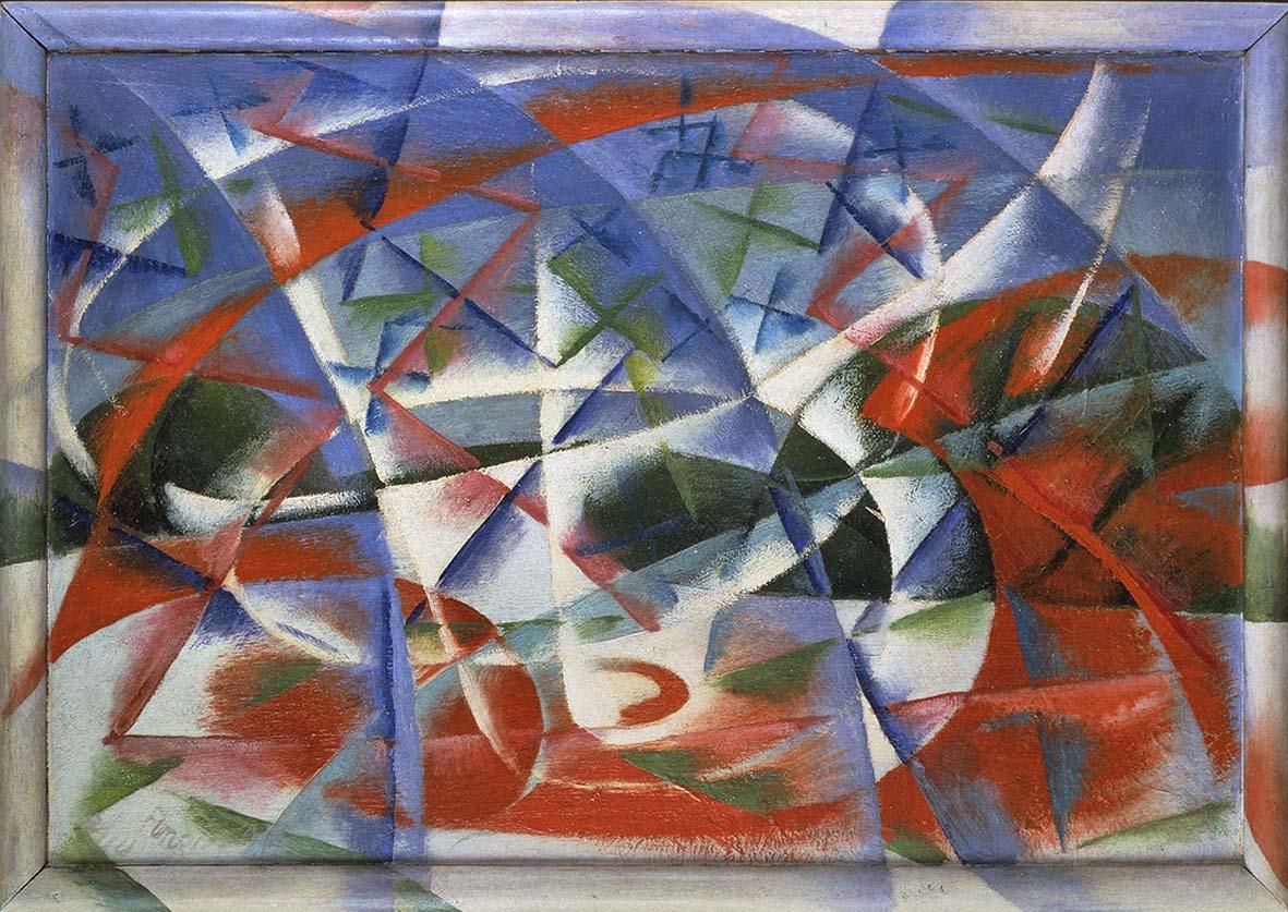 Giacomo Balla, Velocit astratta + rumore, 1913 - 14, olio su tavola, 54,5 x 76,5 cm compresa la cornice dipinta dallartista, Venezia, Collezione Peggy Guggenheim, (Fondazione Solomon R. Guggenheim, New York)