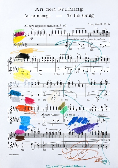 Opera di Giuseppe Chiari, An den Frühling, senza data, tecnica mista su spartito musicale, cm 100x72