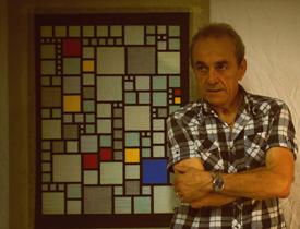 Leonardo Basile e uno dei suoi omaggi a Mondrian del 1982
