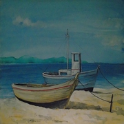 Orlando Salvatore, Barche a riposo, olio su tela, cm 50 x 70
