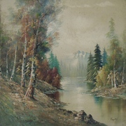 Autore sconosciuto, Paesaggio di lago, Olio su tela, cm 50 x 60
