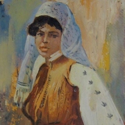 Milto Jorgi, Donna in abito tipico albanese, olio su cartone pressato, cm 24 x 18