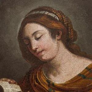 pannello musivo raffigurante maddalena che legge la bibbia studio vaticano del mosaico fine XVIII sec. mosaico filato su cassina di rame 38x28,5 cm