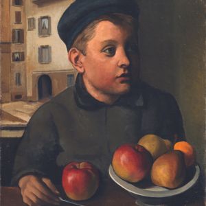 Achille Funi: Ragazzo con le mele (Il fanciullo con le mele), 1921. Olio su tela, cm 60 x 50 Mart, Museo di arte moderna e contemporanea di Trento e Rovereto, Collezione VAF-Stiftung