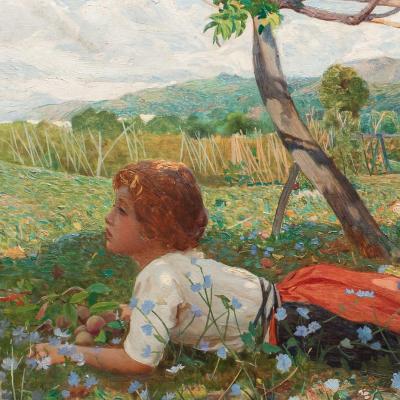 Dipinto di Alfredo Savini, La raccolta delle albicocche, s.d., olio su tela, 49x65 cm 