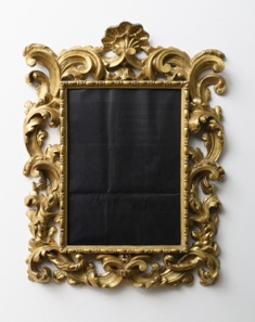 Paolo Canevari_Black Pages Monumenti della Memoria 2020_cornice sec. XVII_ pagina di quotidiano_olio motore esausto cm. 75 x 58 x 7