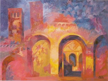 Filippo Alto, "La Basilica del Patrono" , 1991 - acrilico su masonite cm 60 X 60