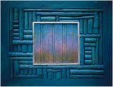 "Veduta dal mare" : Tronchetti di legno, blu provenza impregnante,acrilici e smalti, foglia argento, cm 62 x 74, 15-16-17/04/2022